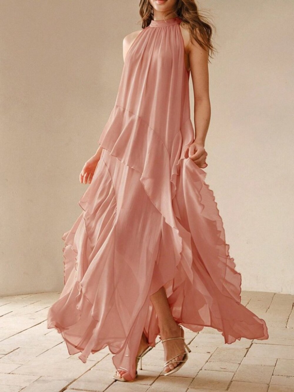 Blush Pink Halter Maxi Dress with Tiered Ruffle Hem